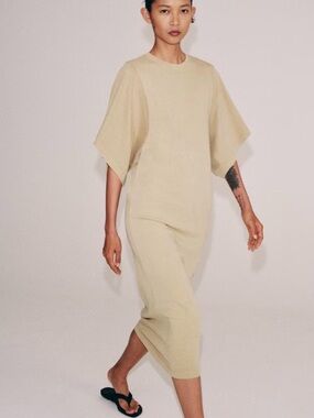 Zara Minimal Tan-Cream Jumpsuit with Wide Short Sleeves
